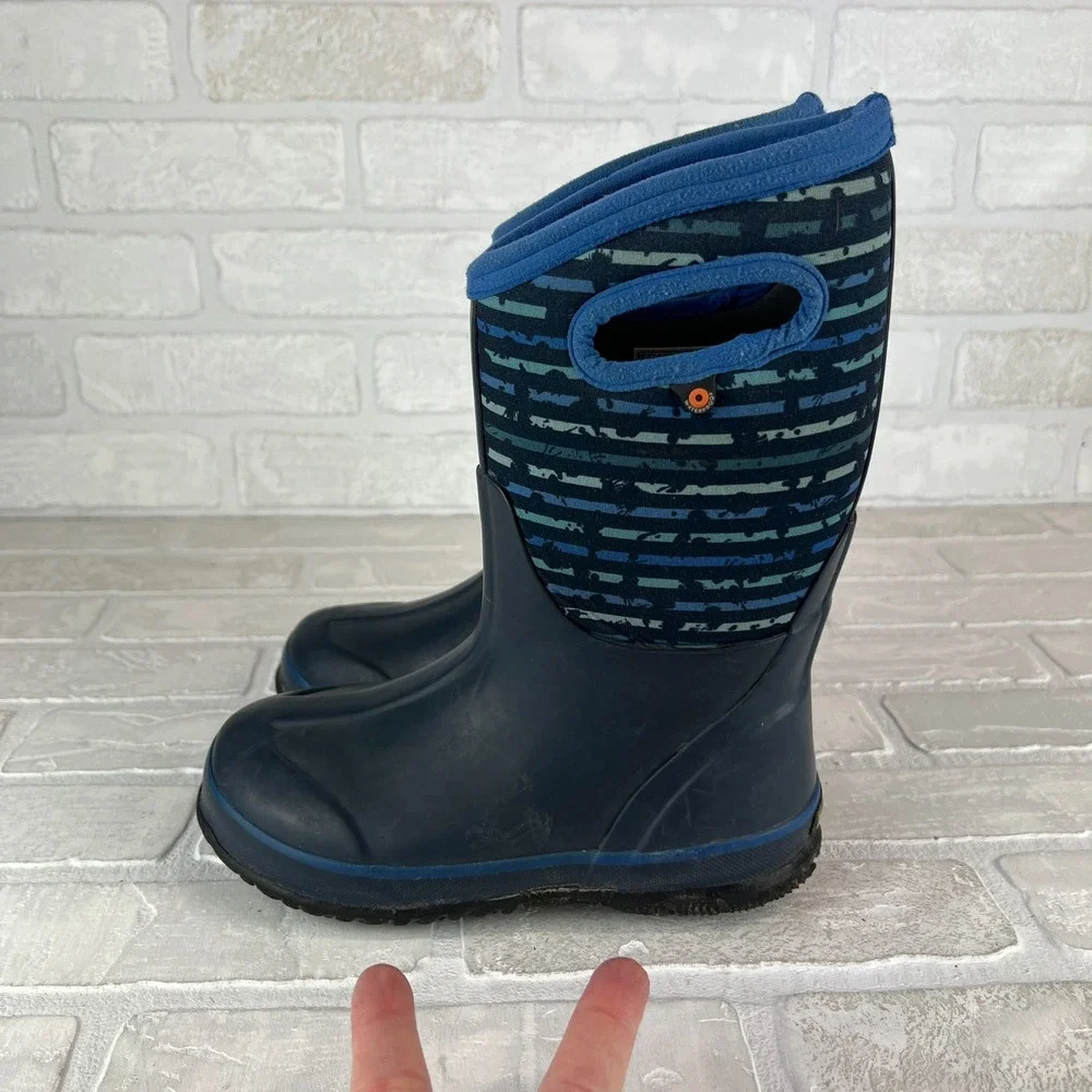 Bogs Rain Boots Youth 2 Blue Classic Stripe Waterproof Insulated Mid Calf Winter